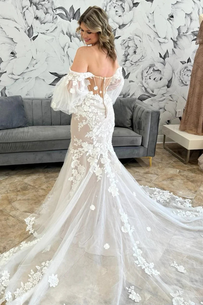 Off-the-Shoulder Wedding Dress with Balloon Sleeves