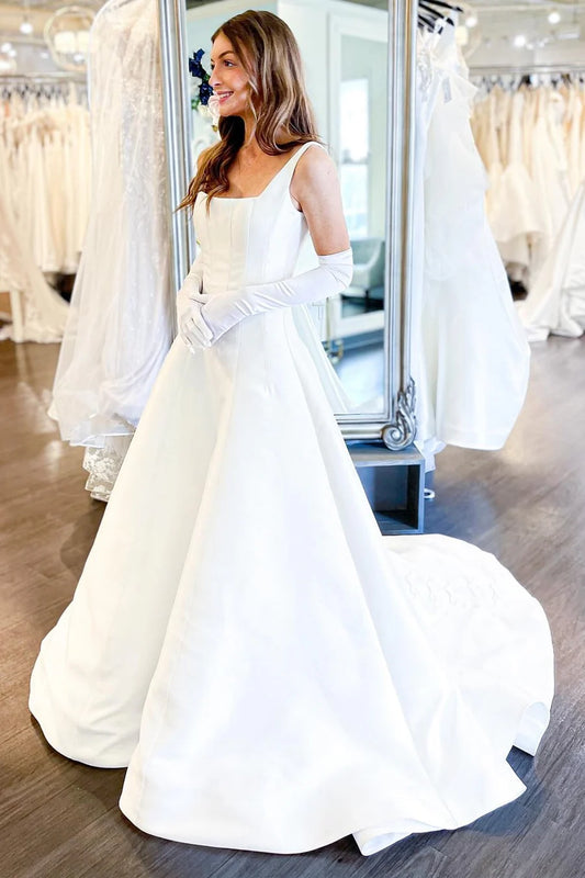 A-Line Square Neck Wedding Dress with Bows