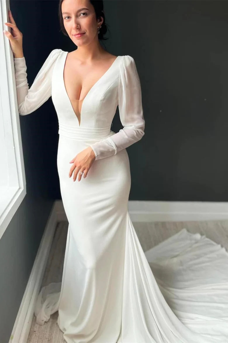 V Neck Backless Mermaid Long Wedding Dress