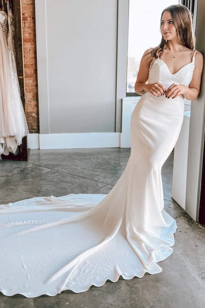 V-Neck Lace-Up Mermaid Long Wedding Dress