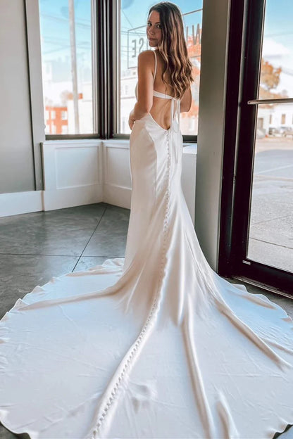 V-Neck Lace-Up Mermaid Long Wedding Dress