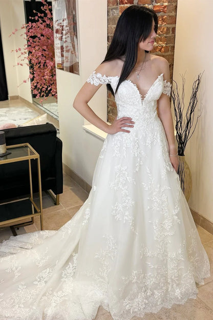 Off-the-Shoulder Long Wedding Dress With Appliques