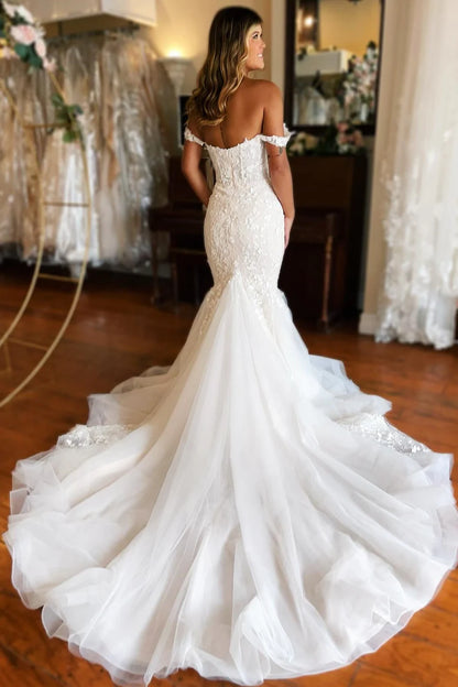 Off-the-Shoulder Trumpet Wedding Dress With Lace