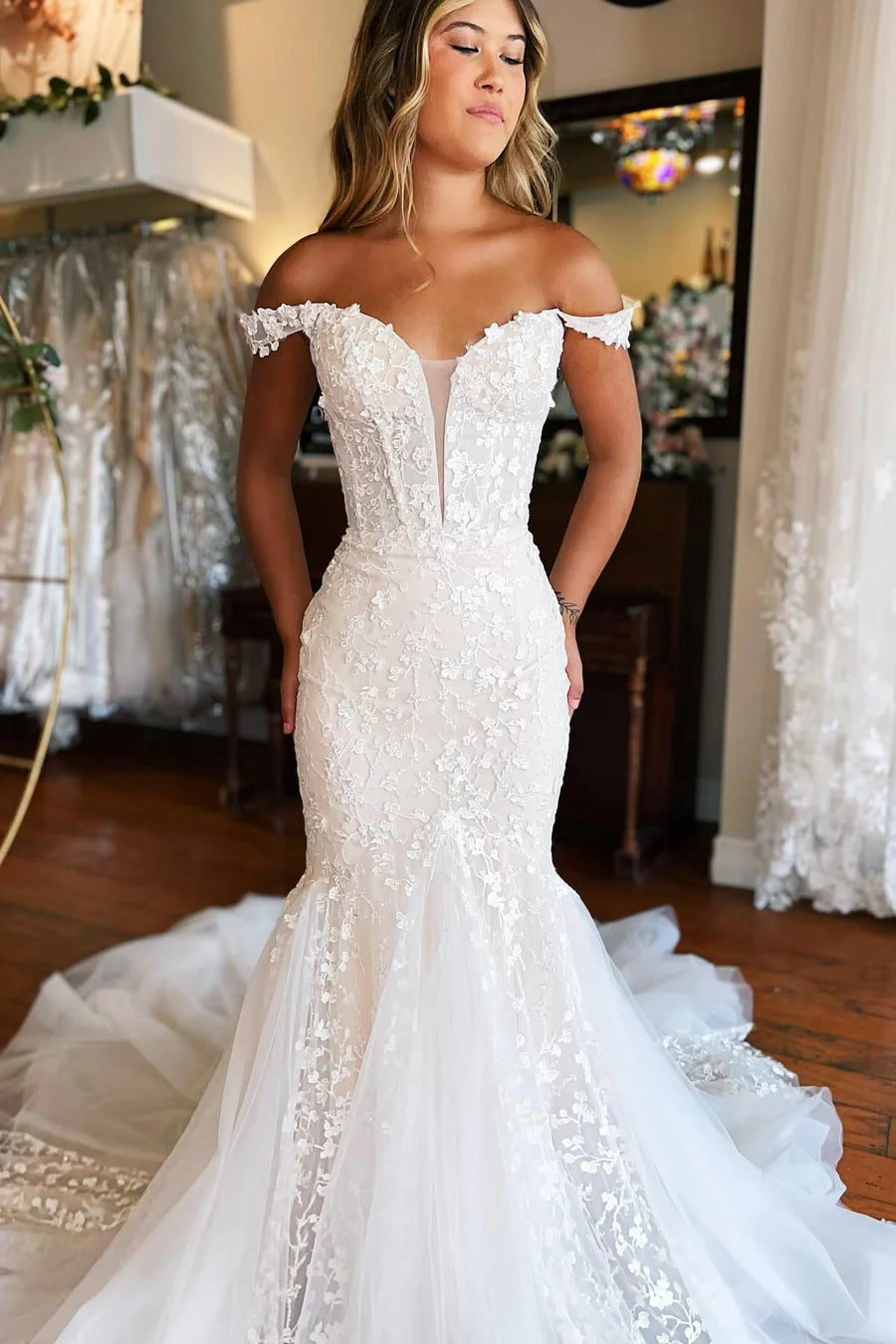 Off-the-Shoulder Trumpet Wedding Dress With Lace