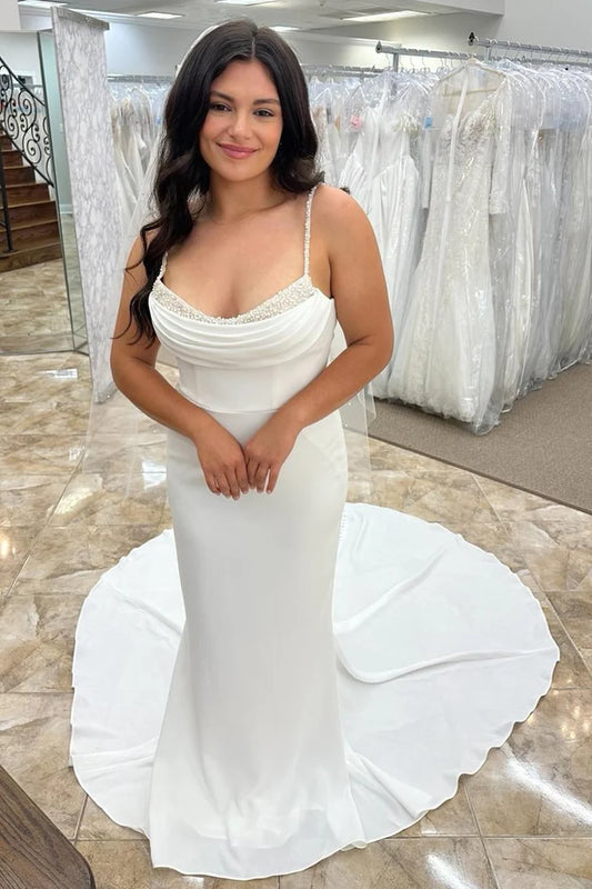 Beaded Neck Backless Long Wedding Dress