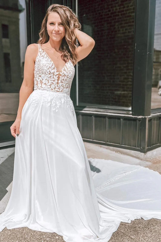 Deep V Open Back Long Wedding Dress With Appliques