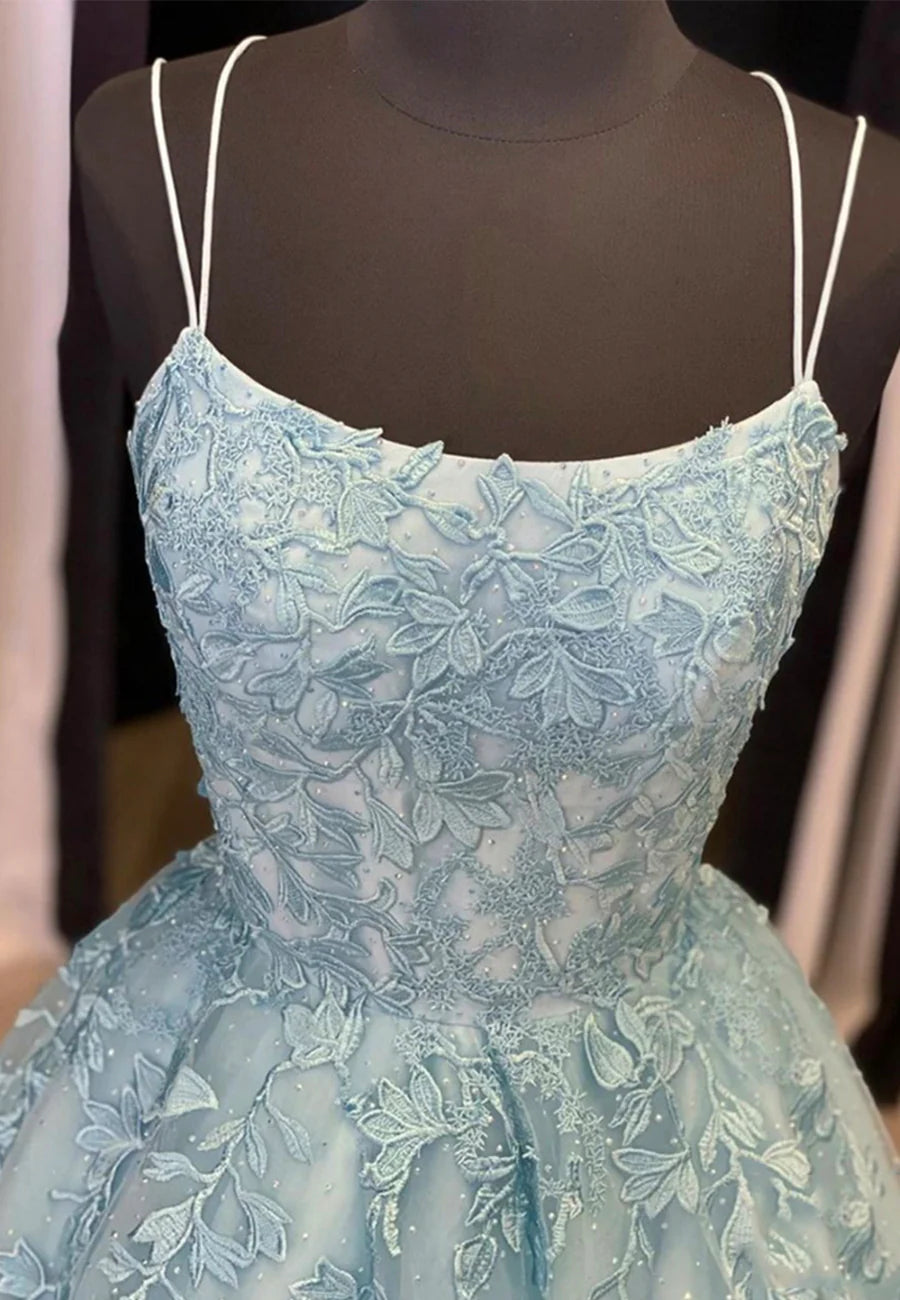 A-Line Formal Blue Lace Long Prom Dresses