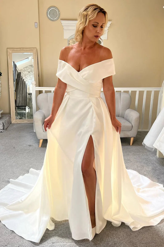 Off-the-Shoulder Long Wedding Dress With Slit