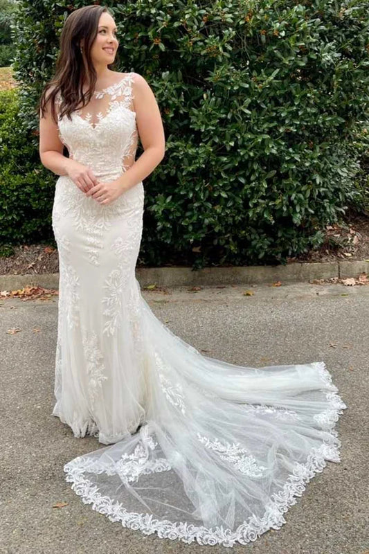 Lace Round Neck Mermaid Long Wedding Dress