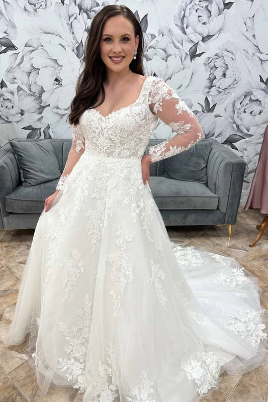 Lace Tulle V Neck Long Sleeve Wedding Dress