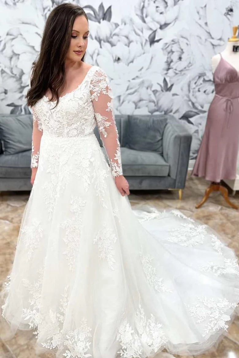 Lace Tulle V Neck Long Sleeve Wedding Dress