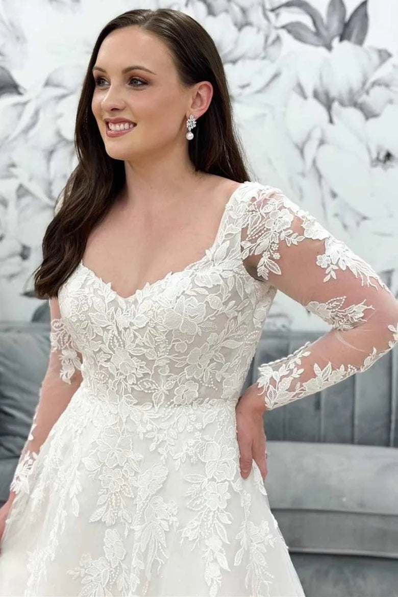 Lace Tulle V Neck Long Sleeve Wedding Dress