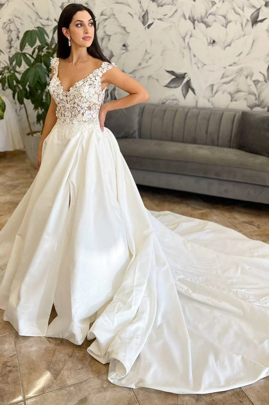 Off-the Shoulder Lace Satin Backless Wedding Dress