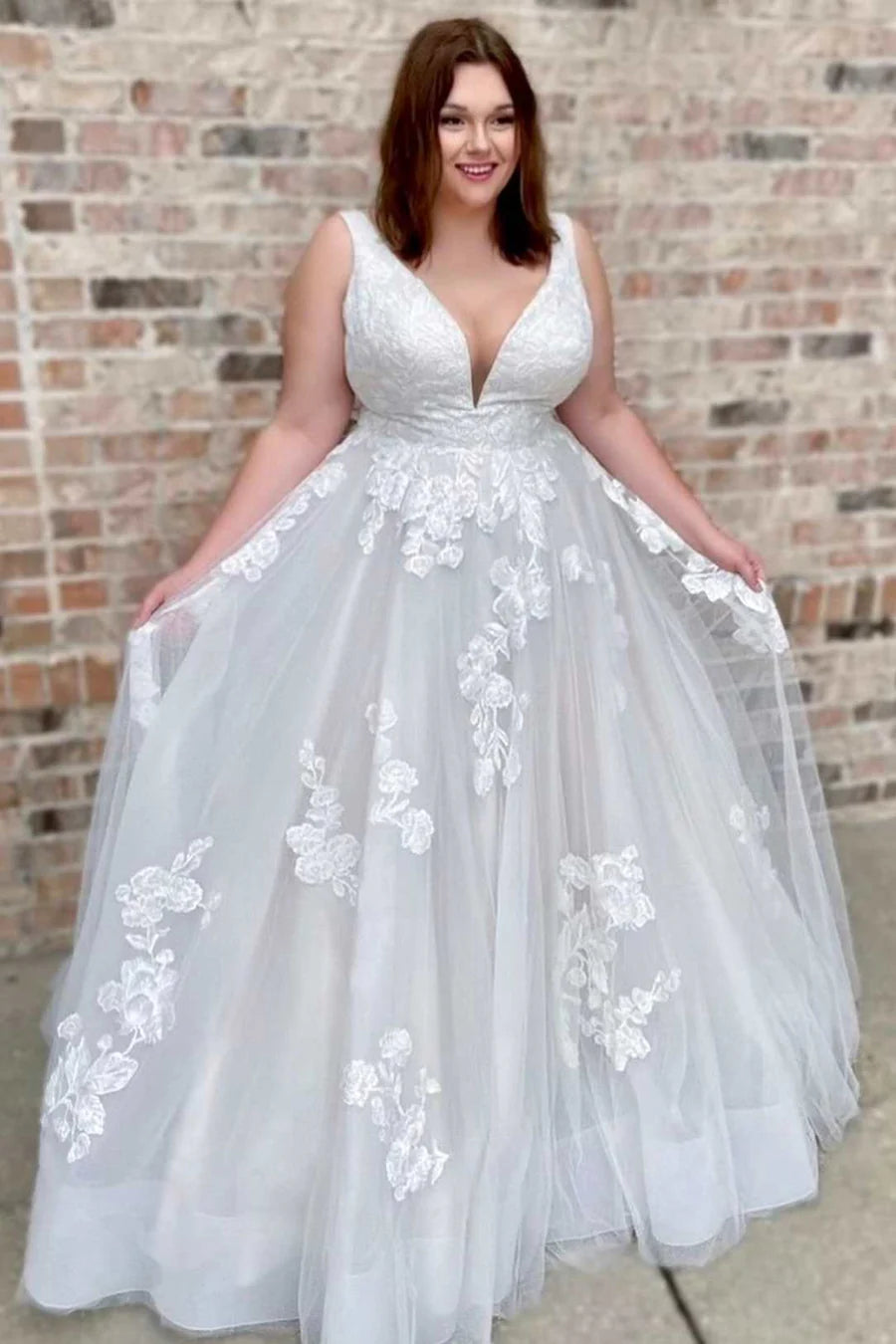 A-Line Floral Lace Deep V Neck Wedding Dresses