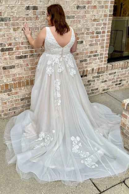 A-Line Floral Lace Deep V Neck Wedding Dresses