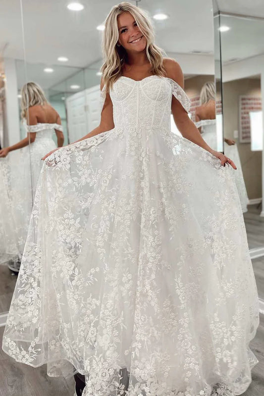 Off-the-Shoulder Floral Lace A-Line Wedding Dresses