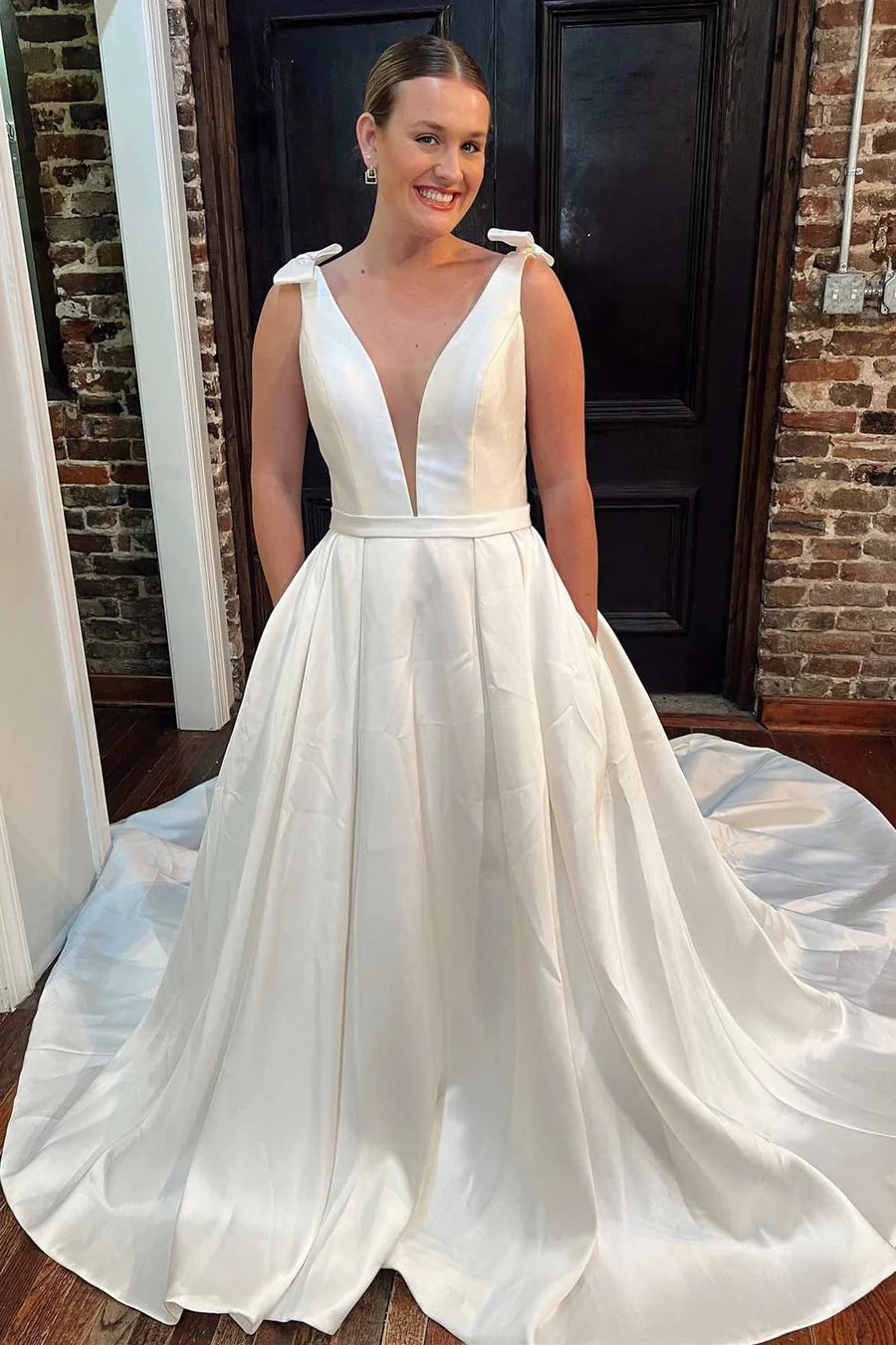 Satin Deep V Neck Tulle Wedding Dress with Bows