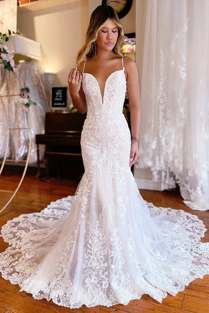 Lace Deep V Neck Backless Trumpet Long Wedding Dress