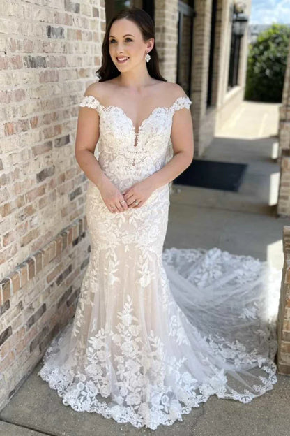 Off-the-Shoulder Lace Backless Mermaid Wedding Gown