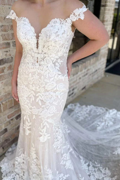 Off-the-Shoulder Lace Backless Mermaid Wedding Gown