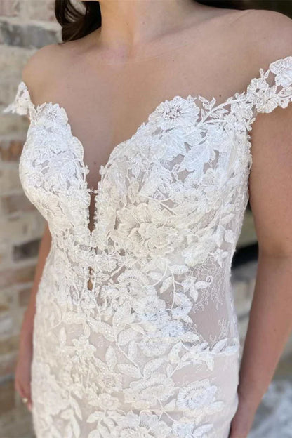 Off-the-Shoulder Lace Backless Mermaid Wedding Gown