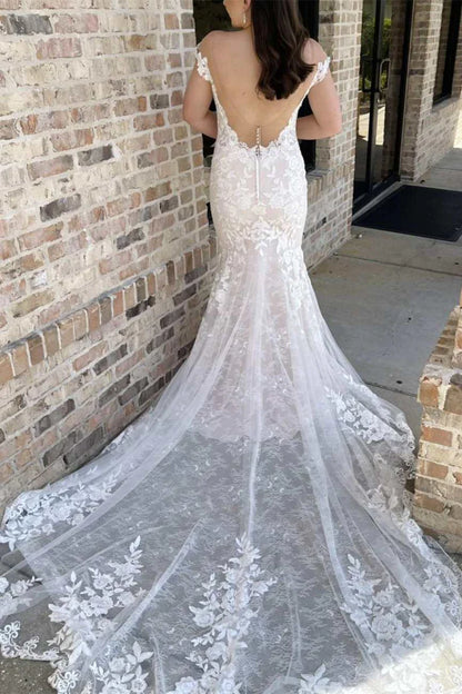 Off-the-Shoulder Lace Backless Mermaid Wedding Gown
