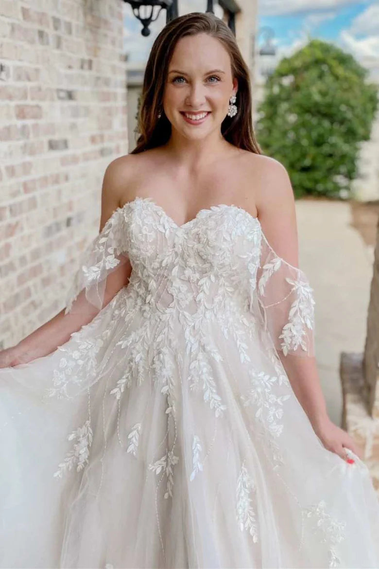 A-Line Off-the-Shoulder Long Wedding Dress With Applique