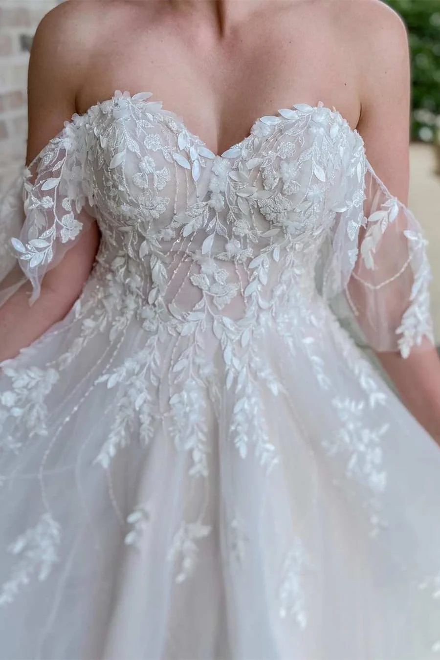 A-Line Off-the-Shoulder Long Wedding Dress With Applique