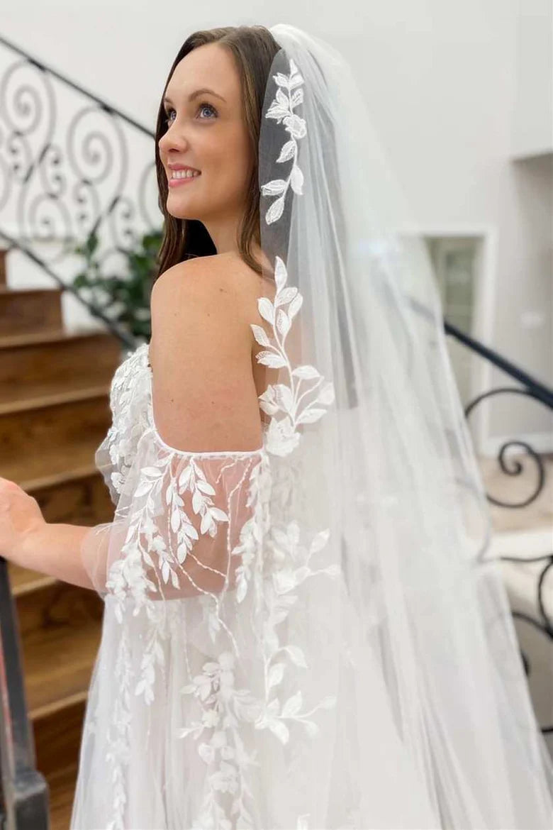 A-Line Off-the-Shoulder Long Wedding Dress With Applique