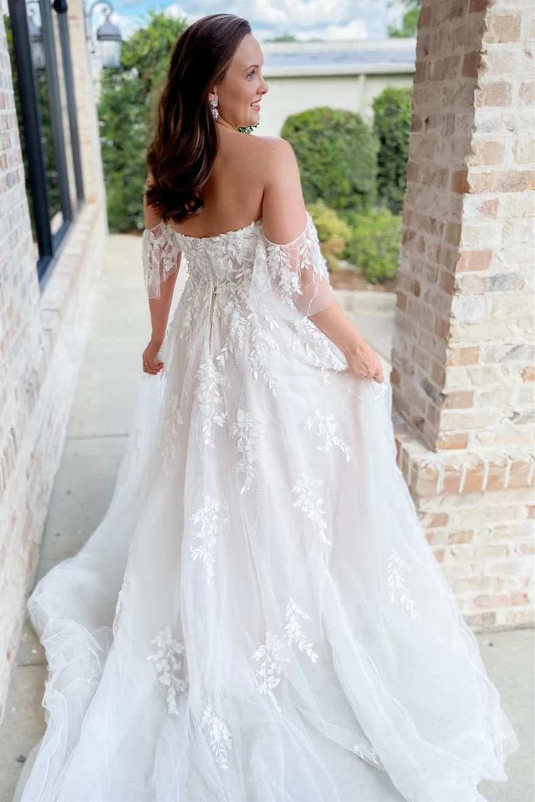 A-Line Off-the-Shoulder Long Wedding Dress With Applique