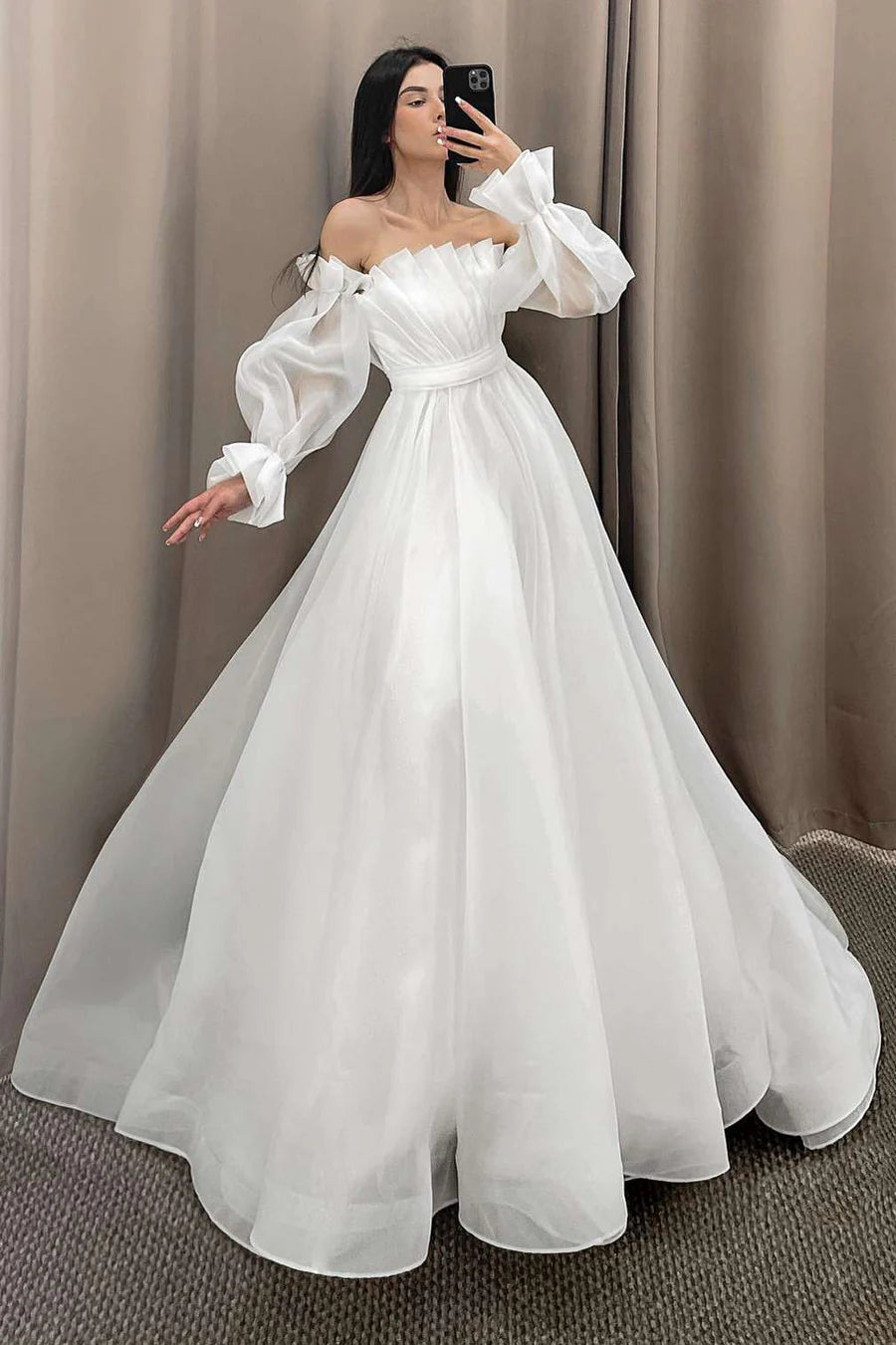 A-Line Strapless Pleated Long Wedding Dress with Sleeves