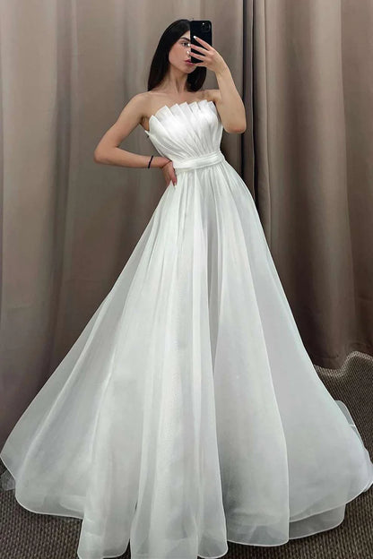 A-Line Strapless Pleated Long Wedding Dress with Sleeves