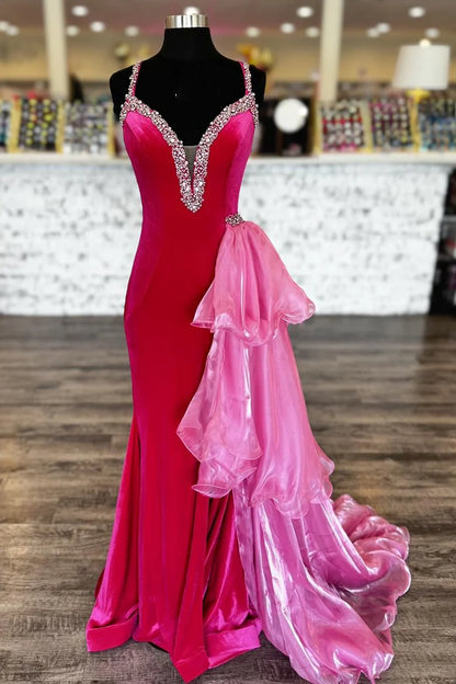 Hot Pink Velvet Plunge V Beaded Prom Dress