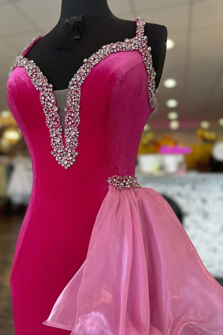 Hot Pink Velvet Plunge V Beaded Prom Dress