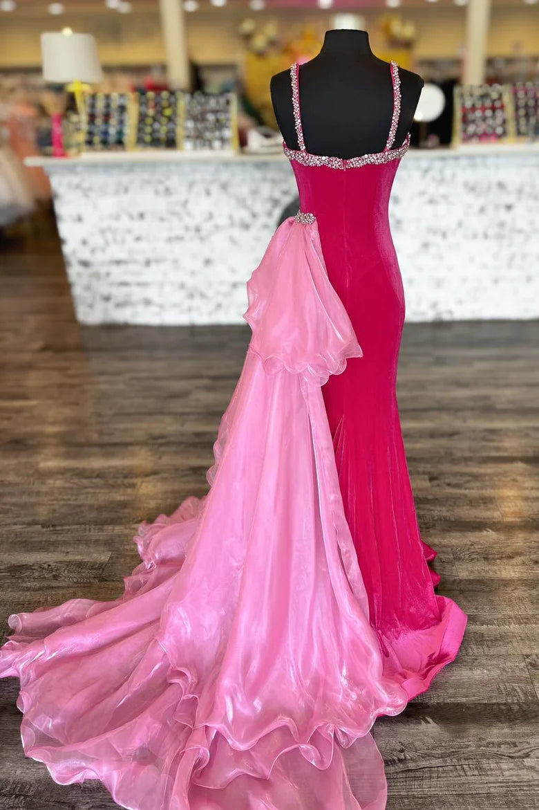 Hot Pink Velvet Plunge V Beaded Prom Dress