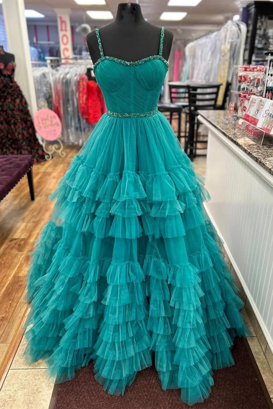 Tiered Ruffle Sweetheart Beaded Prom Dress