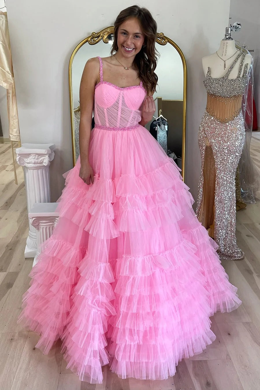 Tiered Ruffle Sweetheart Beaded Prom Dress