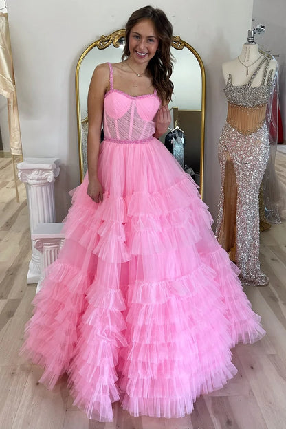 Tiered Ruffle Sweetheart Beaded Prom Dress