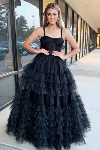 Tiered Ruffle Sweetheart Beaded Prom Dress