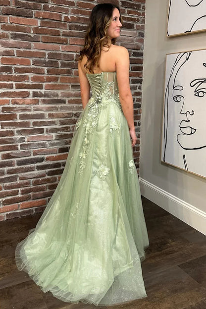 Lace-Up Long Prom Dress with 3D Applique