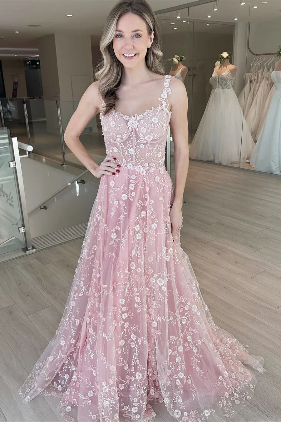 A-Line Floral Lace Tulle Prom Dress