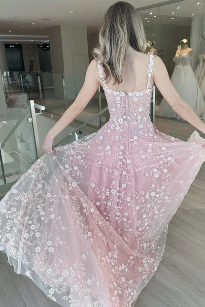 A-Line Floral Lace Tulle Prom Dress