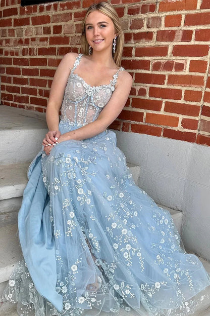 A-Line Floral Lace Tulle Prom Dress