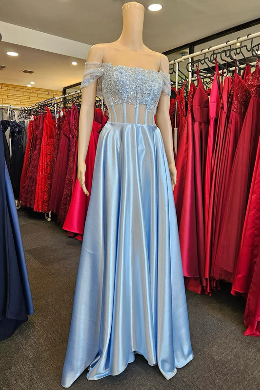 A-Line Off-the-Shoulder Long Prom Dress With 3D Floral