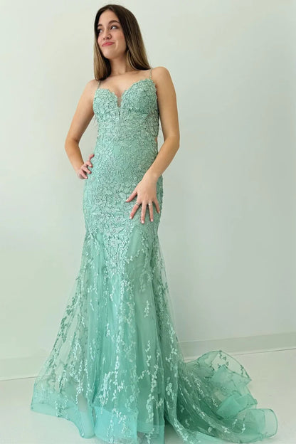 Spaghetti Strap Mermaid Long Prom Dress With Applique