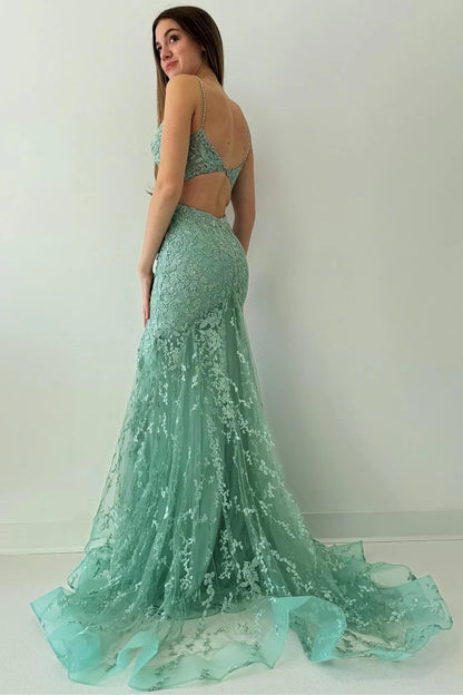 Spaghetti Strap Mermaid Long Prom Dress With Applique