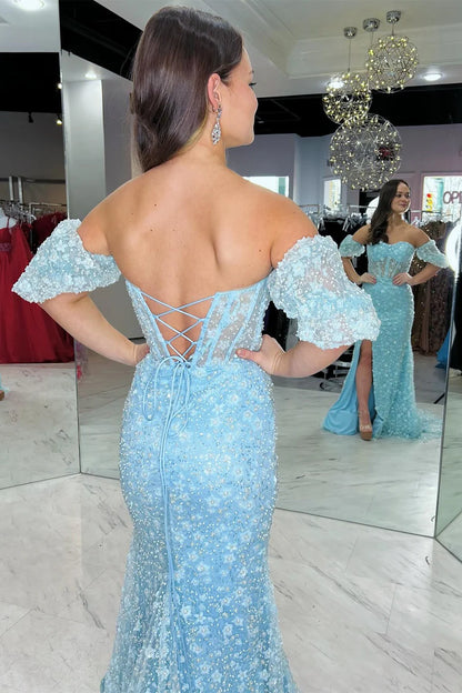 Off-the-Shoulder Mermaid Long Prom Dress with 3D Floral Lace ﻿