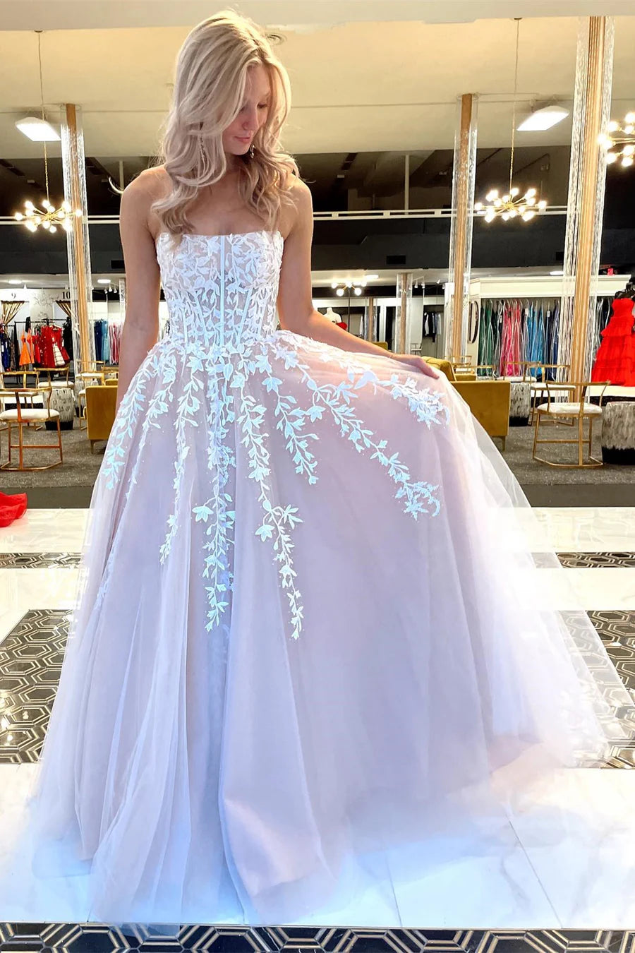 A-Line Strapless Prom Dress With Applique