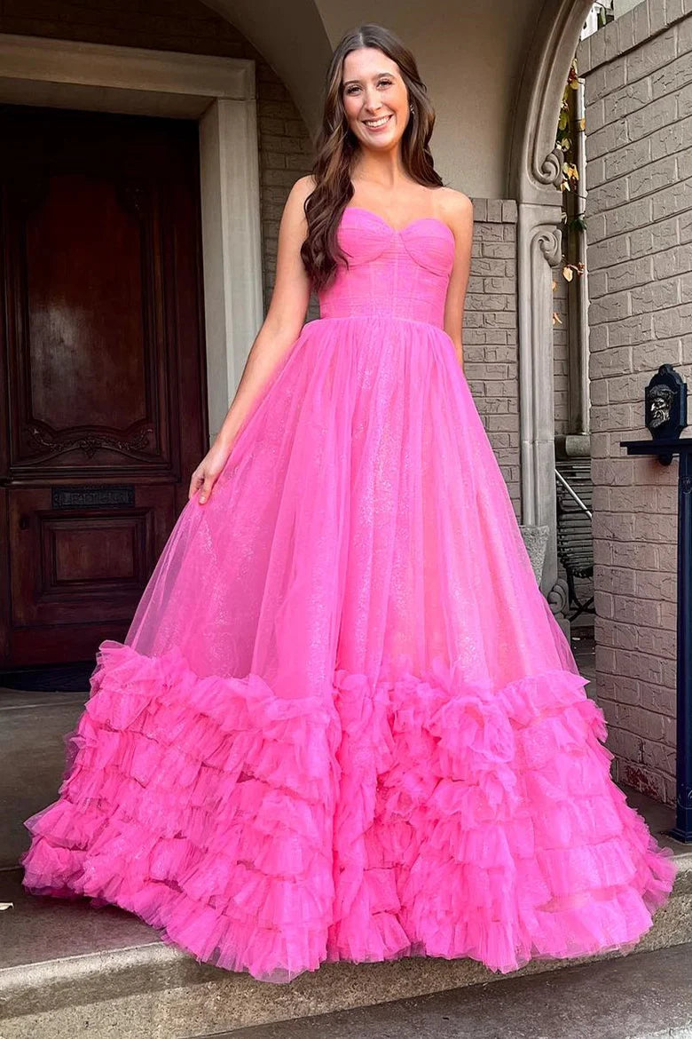 A-Line Strapless Ruffle Prom Dress