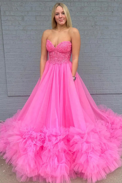 Tulle Sweetheart Ruffle Prom Dress With Applique